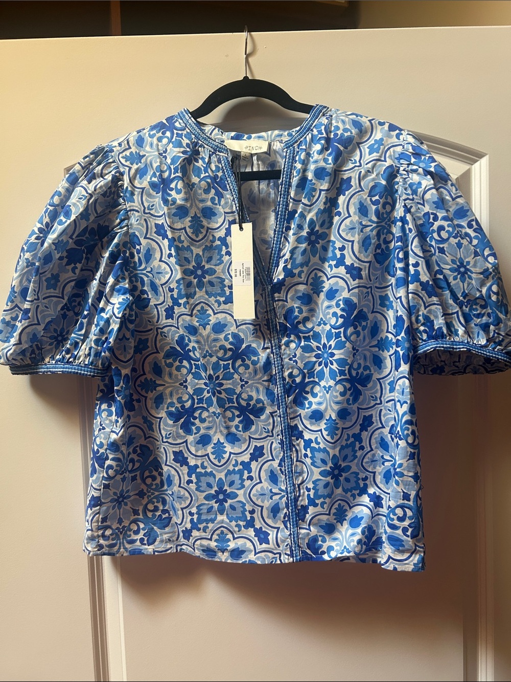 NWT Pinch Blue and White Blouse with Puff Sleeves